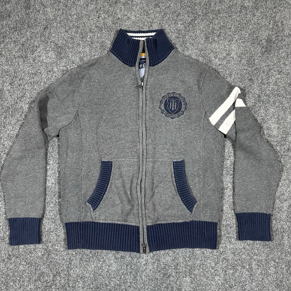 Tommy Hilfiger Mens Gray Navy Blue Full Zip Mock Neck Cotton Knit Sweater Small